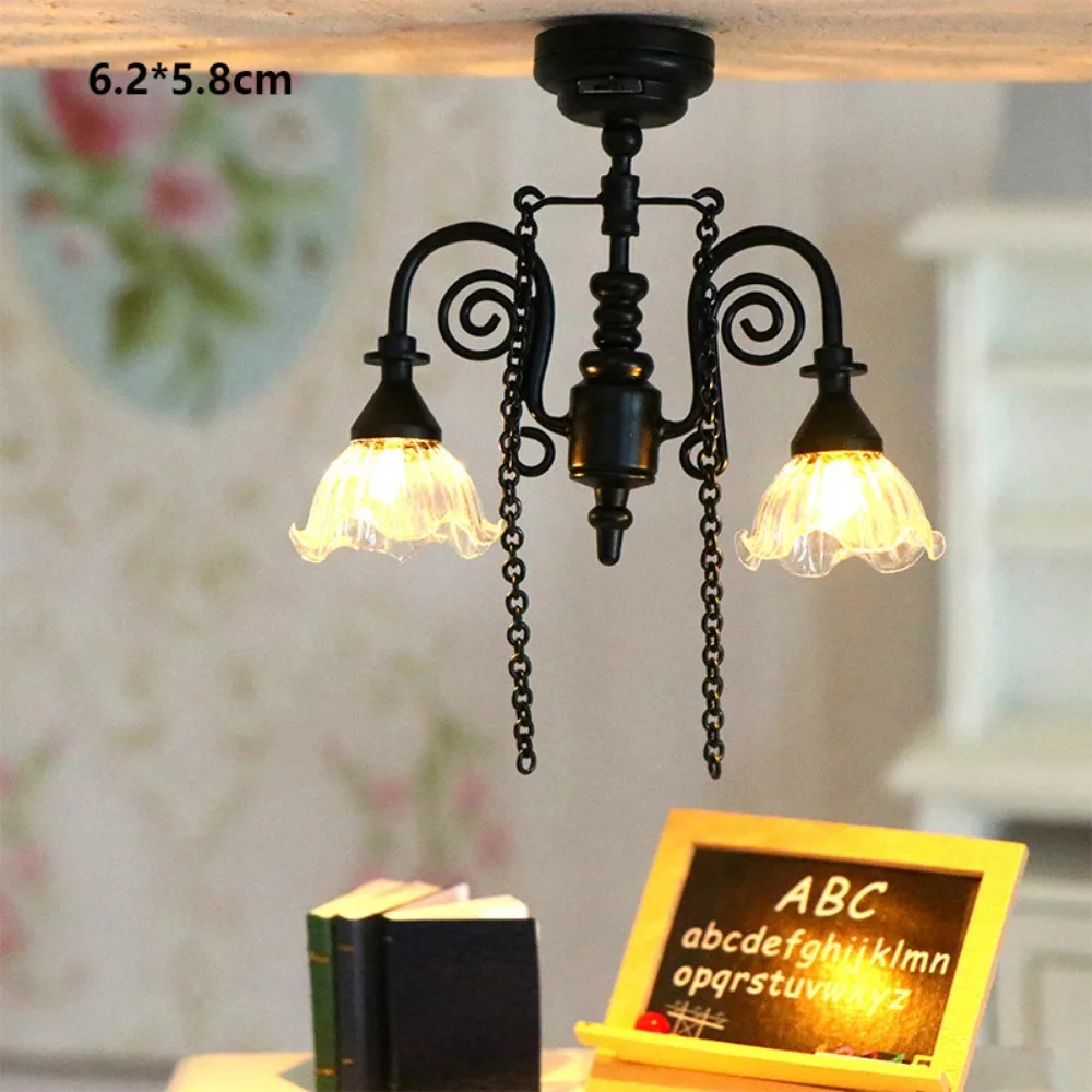 1:12 Dollhouse Colored Glass Lamp Mini 10 Styles Miniature LED Golden Light DIY Ceiling Lamp Chandelier House Accessories