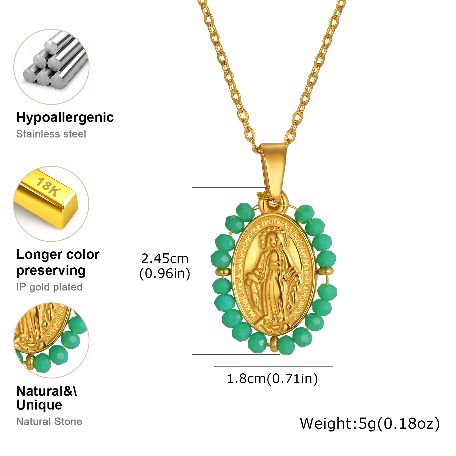 Klassische Jungfrau Maria Anhänger-Halskette für Frauen, Zirkon-Imitationsperle Naturstein-Perlen Charm-Halskette, Edelstahl-Schmuck – Detail 8