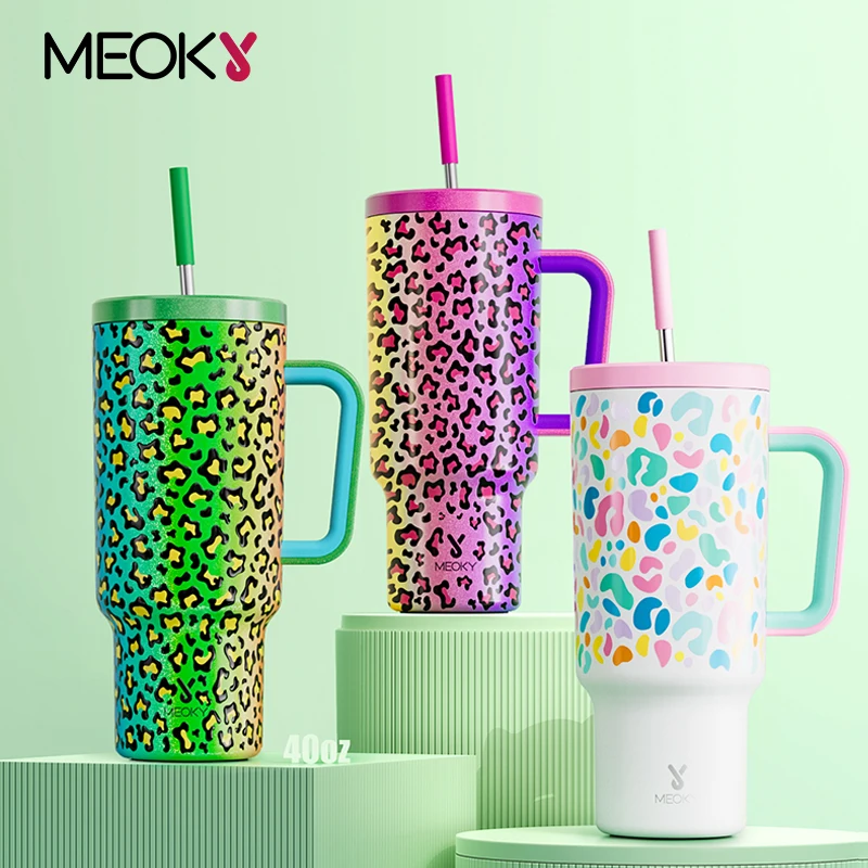 Meoky 40oz Cup Tumbler Straw Cup with Handle Stainless Steel Vacuum Insulated Thermos Leak proof Water Bottle Coffee Car Mug