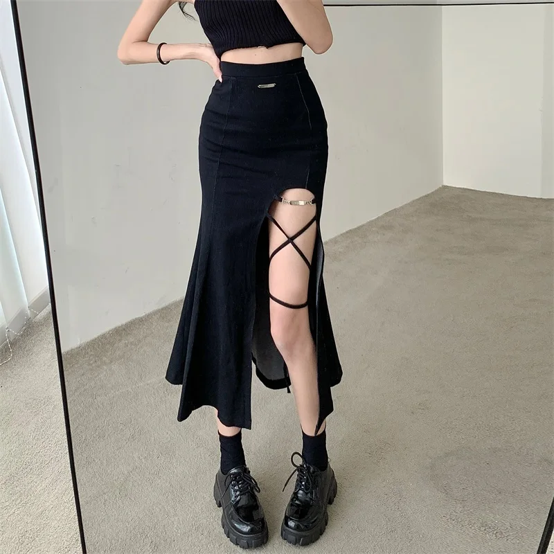 

New Summer Vintage Women Skirts Gothic Split Sexy Midi Faldas Female High Waist Slim Denim Wrapped Hip Fishtail Jupe Ropa