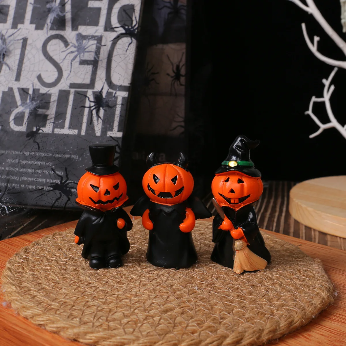 Halloween Mini Pumpkin Devil Gentleman Resin Figurine Set Home Decor Desktop Craft