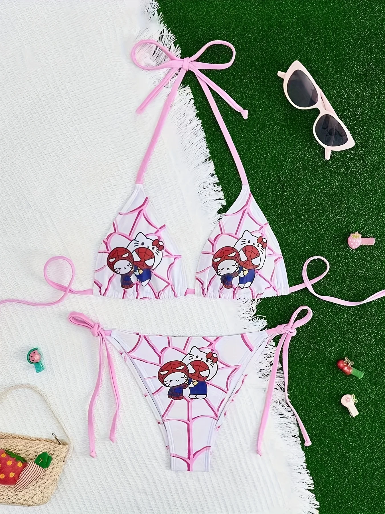 2 pcs/a set Sanrio Cute Cartoon Gir Bikini Small Breast Gathers Beach Vacation Style