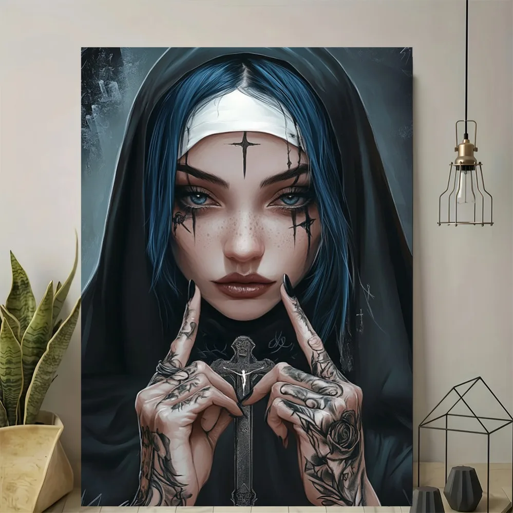 

Vintage metal sign: Blue-haired lady with cross wall art, modern retro high-quality print, perfect for living room, bedroom, off