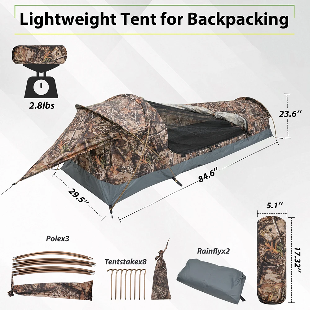 

Heavy-Duty 1-Person Tunnel Tent-Windproof Waterproof Camo Backpacking Shelter for Mountain Camping Portable Hiking Gear (1.25kg)