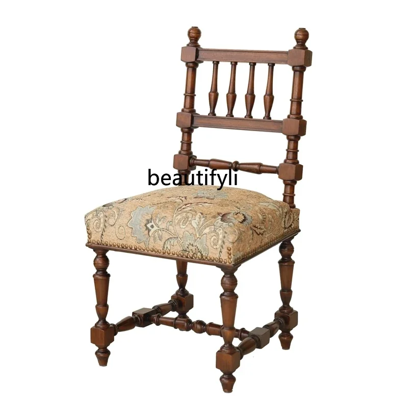 

ss25 American solid wood retro dining chair French medieval designer chair walnut study chair fabric leisure
