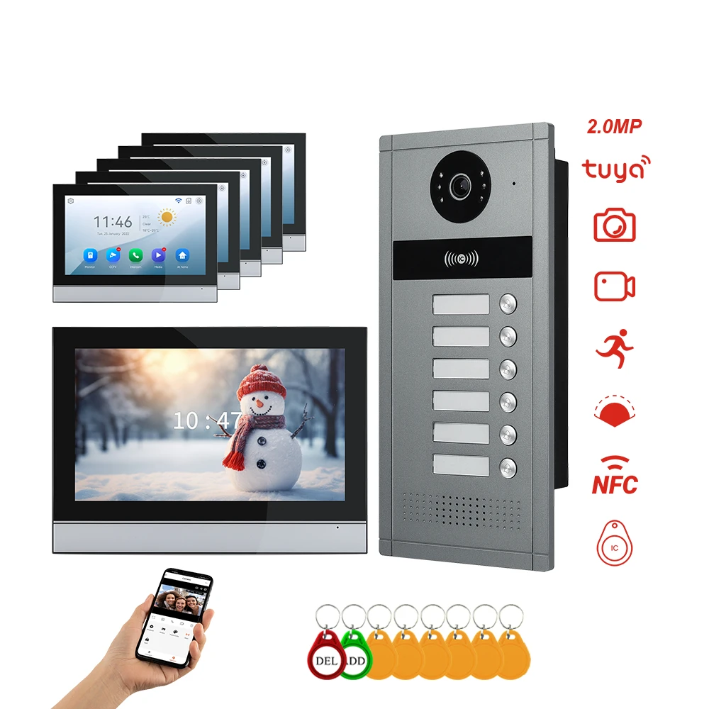 Tuya Smart Home APP WiFi Video Doorbell Camera Visual Intercom 1080P AHD Door Access 6 Monitors for Apartment Building