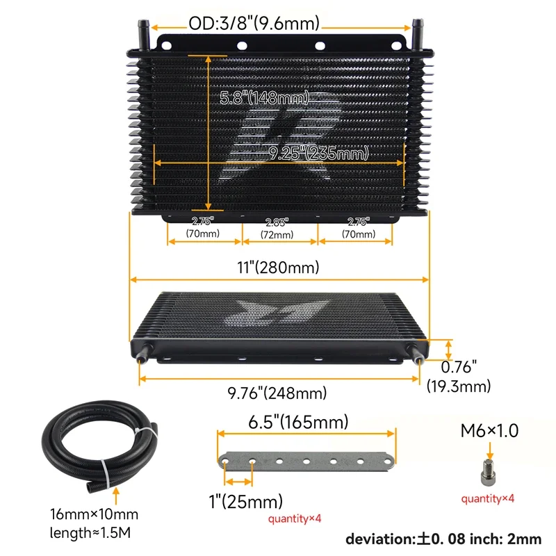 طقم مبرد الزيت الأنبوب والزعنف 19 صف نقل عالمي 11 بوصة × 5.8 بوصة × 0.75 بوصة (280 × 148 × 19 ملم) مدخل/مخرج 9.6 ملم 3/8 بوصة ألومنيوم بارب أسود