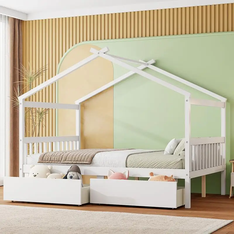 Wooden House Bed with Drawers, White Finish, Space-Saving Design, Ideal for Kids' Room, Stylish and Functional Sleep Solution