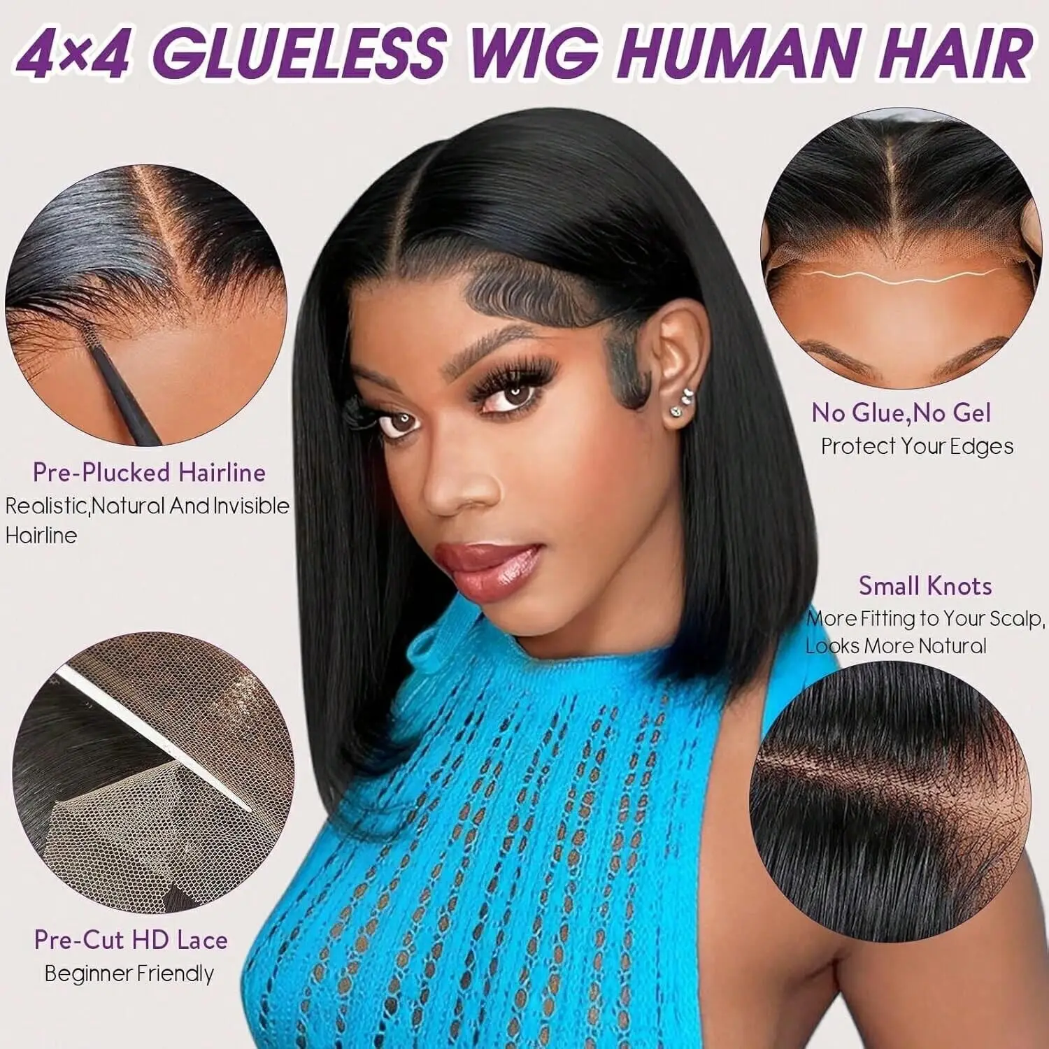 غلويليس ارتداء والذهاب بوب الباروكات الشعر البرازيلي قصير مستقيم الباروكات قبل قطع 4x4 الدانتيل إغلاق بوب شعر مستعار للنساء السود سهلة الارتداء