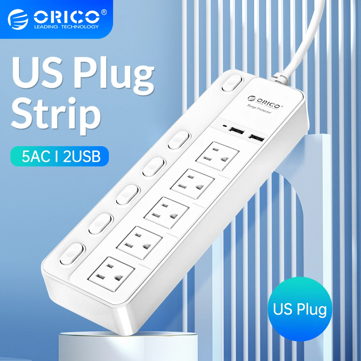 

ORICO 5AC Outlets Power Strip US Plug 2 USB Charging Ports with Sub-control Switch Extension Corde Electrical Multiple Socket