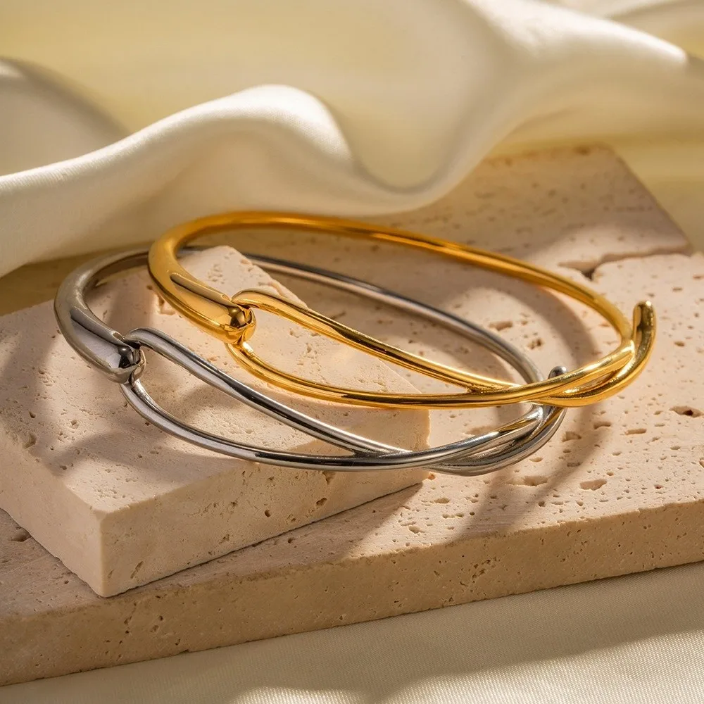 Interlocking Loop Bangles Streamlined Non Tarnish Hook Bracelets Flexible High Polished Fluid Cuffs Office Ladies