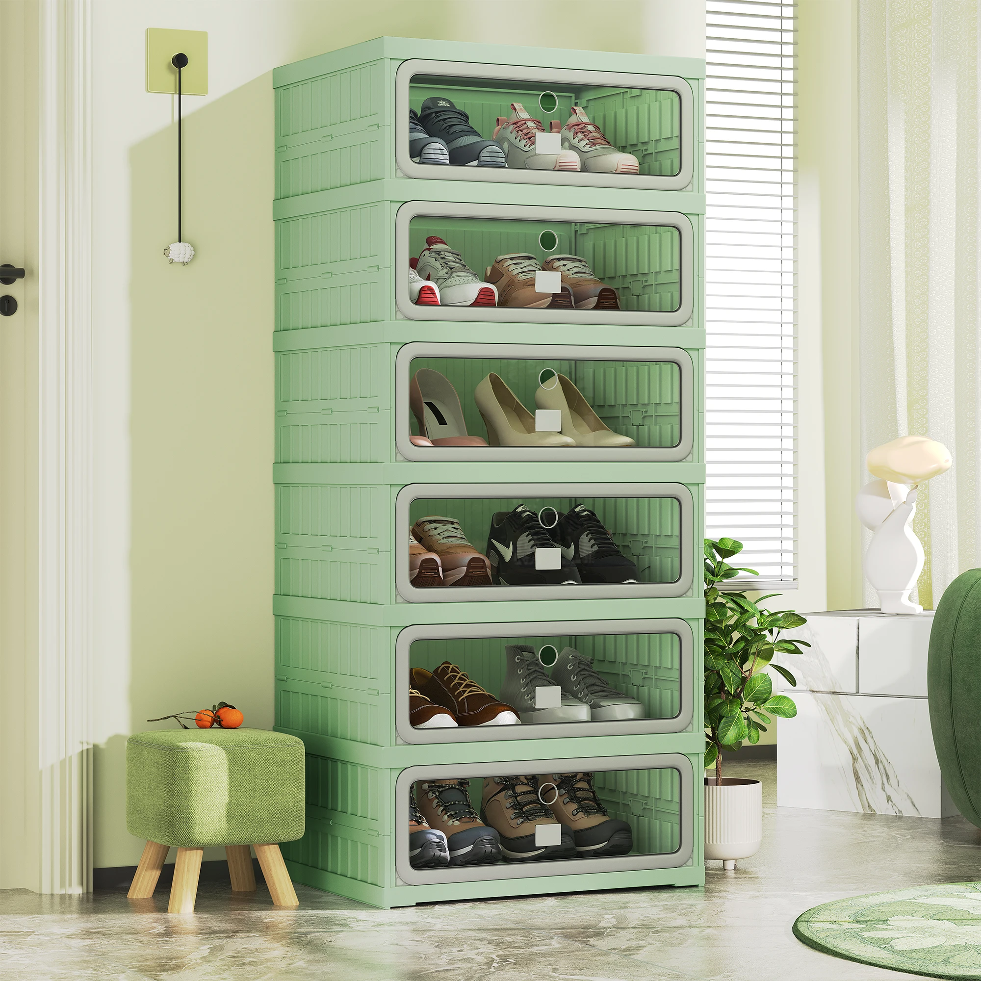 Superaly, faltbarer Schuhschrank aus Kunststoff mit 6 Ablagen, transparente Vorderseite, Schuhorganizer, freistehendes Schuhregal für den Eingangsbereich, das Schlafzimmer oder den Flur, einfache