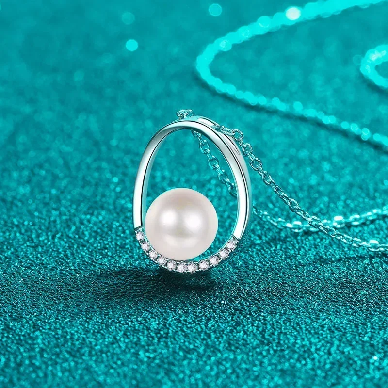 Sparkling Moissanite Diamond Pearl Platinum Necklace for Women, Oval Pendant Elegant PT950 Commuter Clavicle Chain Birthday Gift