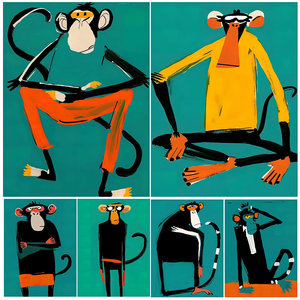 

Thinking Monkey Abstract Wall Art Canvas Painting,Funny Animal Illustration Modern Art Poster And Print Home Decoration Unframed