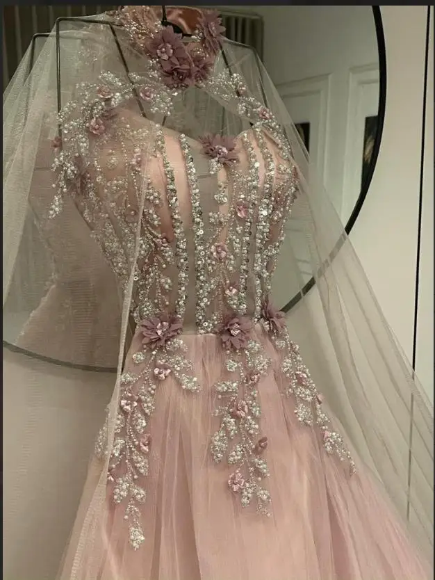 Robe de soirée brodée de perles personnalisées, avec Cape, ligne A, en Tulle rose, robes d'occasion formelles