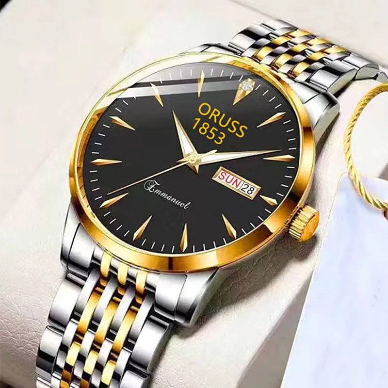 ساعات ORUSS الفاخرة للرجال بتقويم كلاسيكي وساعة يد للأعمال من الفولاذ المقاوم للصدأ مقاومة للماء كوارتز مضيئة للرجال
