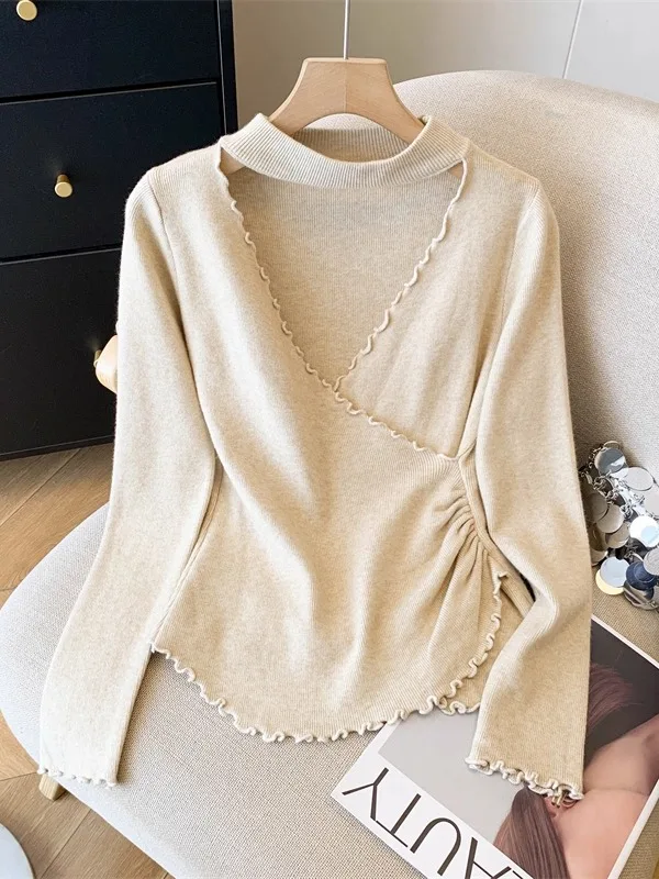 

Oaeal Hollow out V-Ne Long Sve Knitted Sweater Women's Spring Autumn Winter Sle Small ence Top Base Sweater