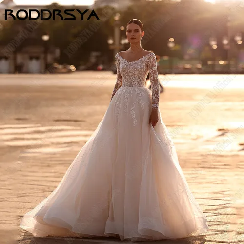 RODDRSYA-vestido De novia De manga larga con cuentas, traje De novia De lujo personalizado con cuello redondo, tren De barrido, estilo bohemio, 2025Roddsya vestido de novia de manga larga de lujo personalizado 2025 nov