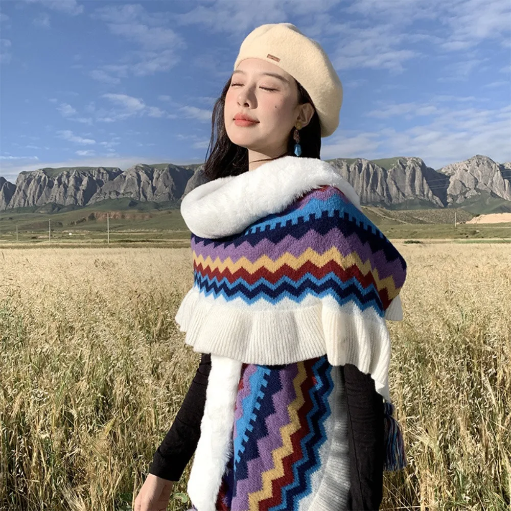 

Trendy Winter Warm Mongolian Poncho Ethnic Style Flounce Flounce Knitting Wraps Striped Knitted Cape Women Fashion