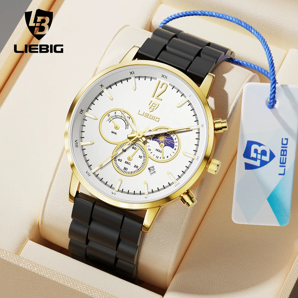 LIEBIG New Fashion Genuine Leather Strap Watches Mens Casual Date Week Waterproof Quartz Wristwatch Clock Male Reloj Hombre