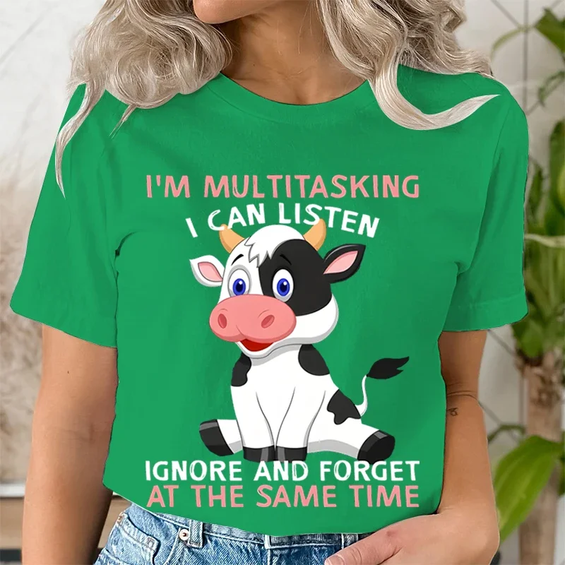 Litter Cute Cow Print Short Sleeved T-shirts I\'M MULTITASKING Graphic Tshirts Women Crew Neck Women\'s T-shirt Summer Casual Tops