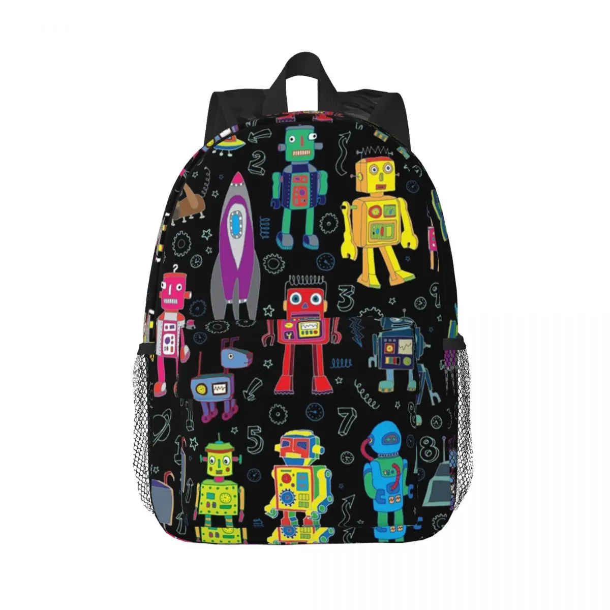 Robots In Space - Black - Fun Pattern By Cecca Designs Backpacks Boys Girls Bookbag Children School Bags Rucksack Shoulder Bag