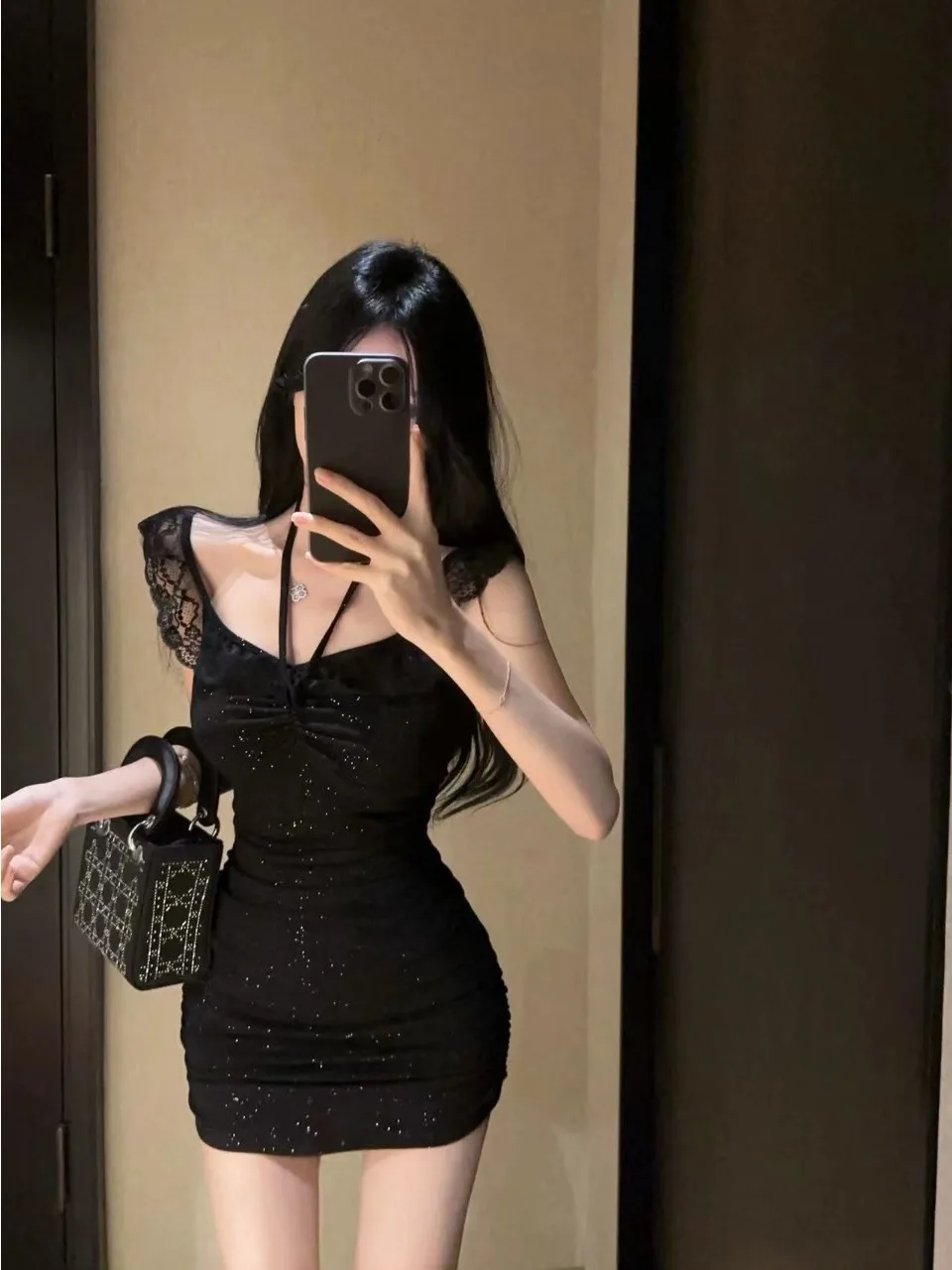 Elegant Lace Trim Slim Fit Wrap around Neckline Strap Dresses for Women Sexy Boucle Splice Flashing Waist Shaping Bodycon Skirt