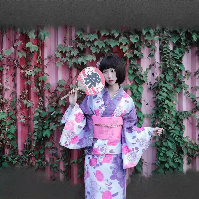 Women's Formal Kimono Japanese Purple Gradient Flower Yukata 140cm Length Polyester Material Traditional Summer Robe