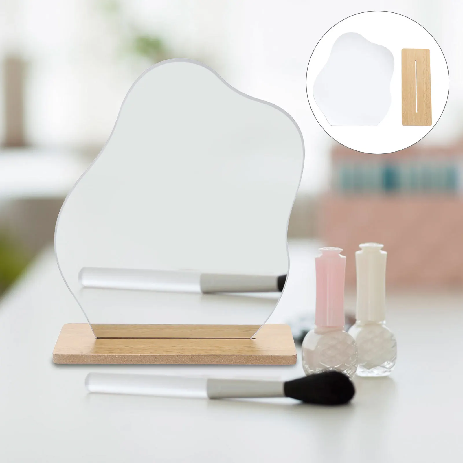 1 conjunto grande espelho de mesa com suporte de madeira bonito forma irregular espelho de mesa para dormitório decoração maquiagem vaidade portátil