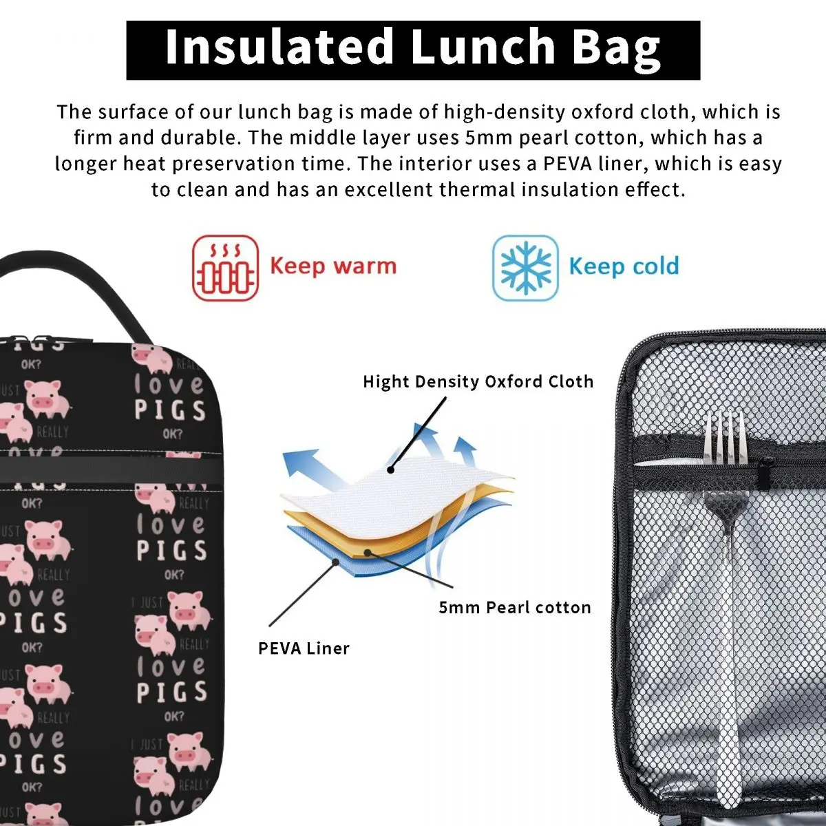 خنازير مضحكة لمحبي الخنازير حقيبة غداء معزولة للنساء والأطفال صناديق طعام مانعة للتسرب حقيبة غداء حرارية
