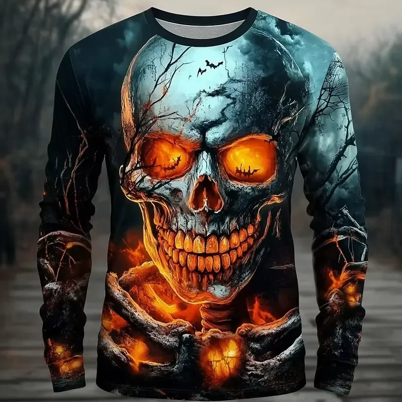 3D Printed Casual Long Sleeve Mens 2026 Full Print Cracked Lava Flame Skeleton Skull T Shirt Gothic Streetwear Halloween