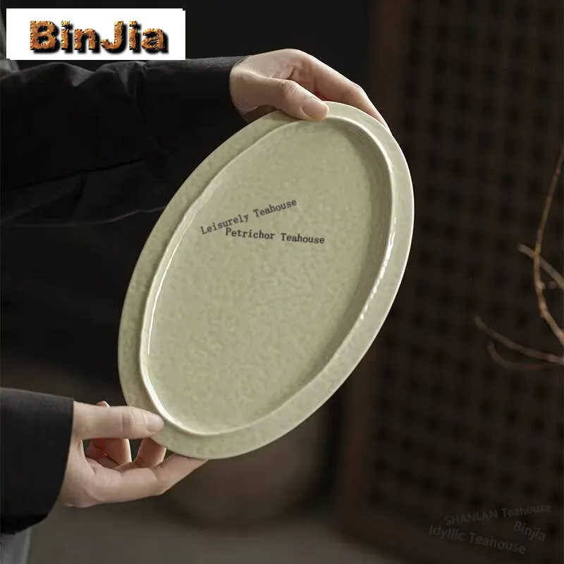 

Handmade Reed Green Tea Tray Household Oval Teapot Bearing Holder Tea Board Dishes Serving Kung Fu Tea Services Support Craft