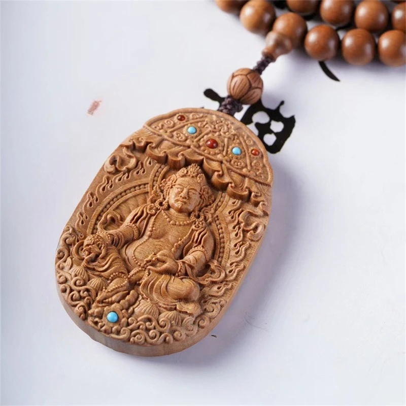 Sandalwood God of Wealth Pendant, Hand-Carved Yellow God of Wealth Pendant, Paired with Bead Set, Sweater Chain Necklace