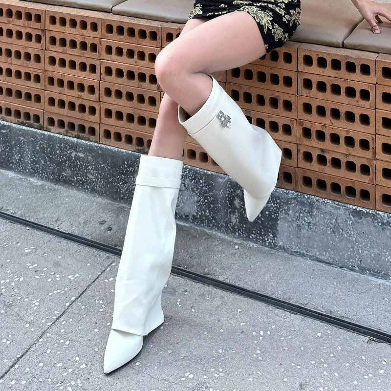 42Black Shark Boot Women's Slim Over Knee High Fashion Lock Buckle Pants Boot Winter New Style PU Leather Rubber Sole Ankle Boot