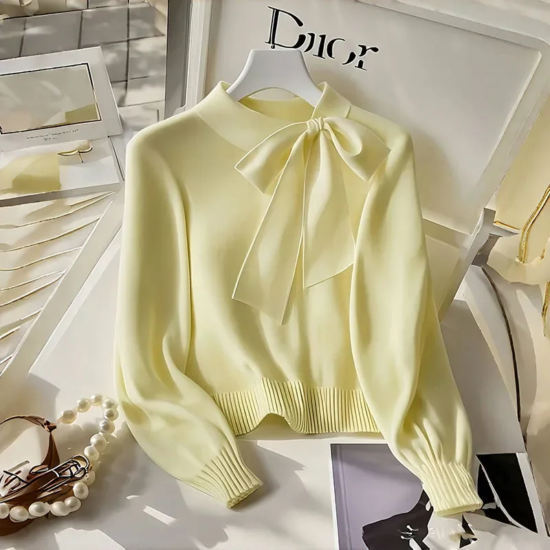

Elegant Women Blouse With Bow Tie Neckline Puff Sleeve Sweet Style Spring Autumn Casual Top
