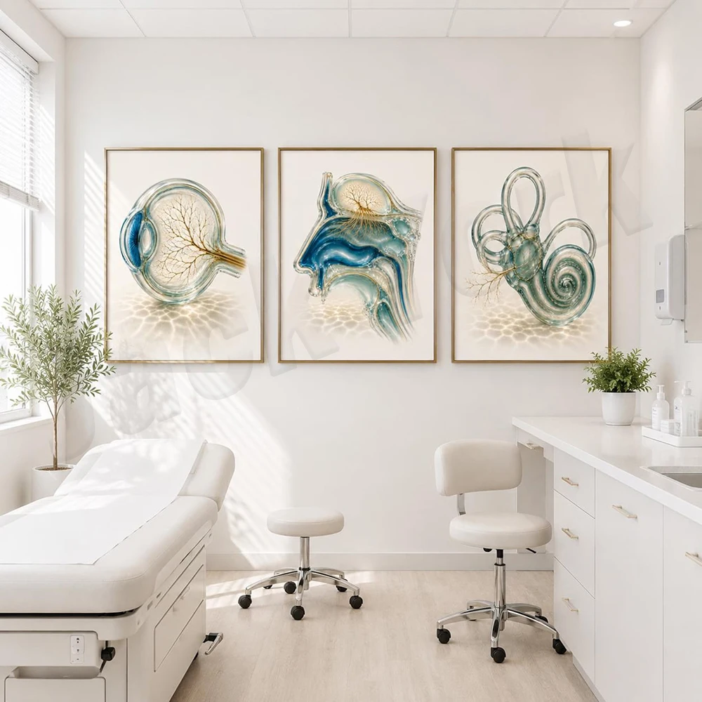 Medical organs, human brain art, nasal cavity, inner ear cochlea, brain, eye, eyeball anatomy, neuroscience decorative posters