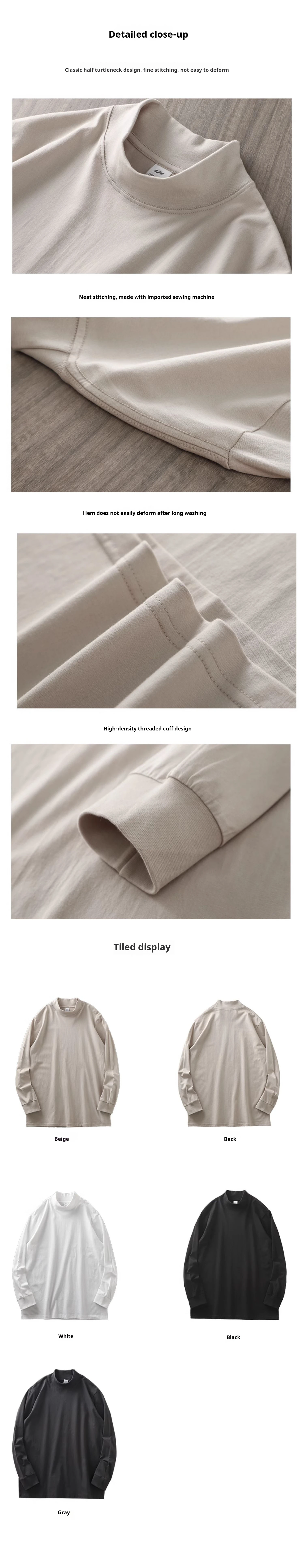 Dukeen 270G Schwergewicht-T-Shirts mit halbem Rollkragen und langen Ärmeln für Herren, Herbst, 100 % Baumwolle, einfarbig, Unterhemd, Herrenbekleidung – Detail 5