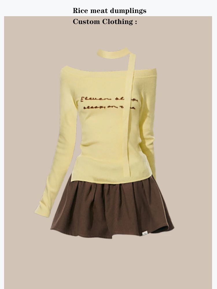 

Korean Style Long Sleeve Knitted Sweater One Shoulder Design Autumn Fashion Women's Two-Piece Set Slim Fit Adult Clothing