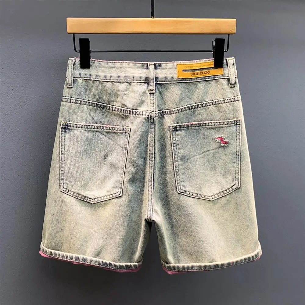 Summer Thin High-End Men's Street Style Distressed Straight Leg Five-Point Shorts Quater-Length Jeans Casual Comfortable Fit