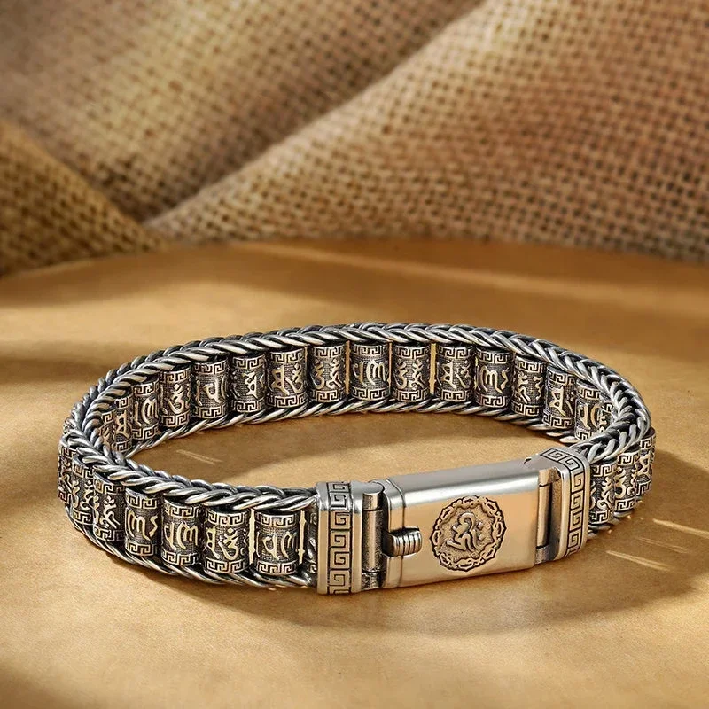 

Handmade Silver Color Reative Passepartout Prayer Wheel Bracelet Men Transfer Beads Six-Character Mantra Retro Women Charm Chain