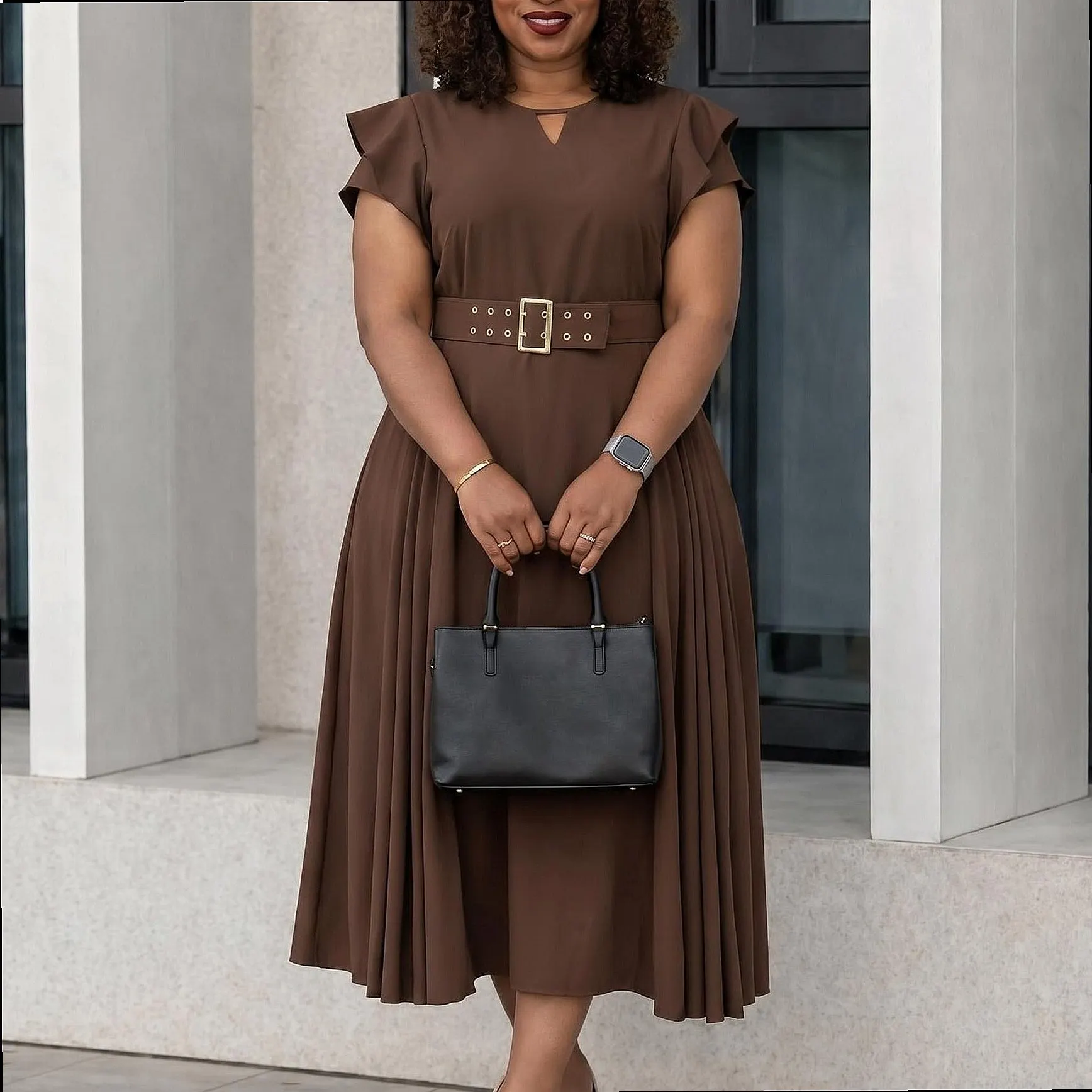 Summer Women's Ruffle Short Sleeve High Waist Midi Pleated Dress Dresses