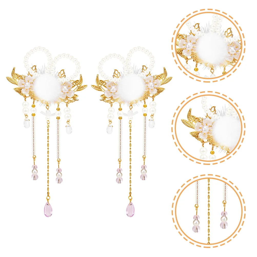 

1 Pair Bunny Ear Hair Clip Dangle Tassel Pearl Decor Ball Hairpin For Women Girls Chinese Style Party Wedding Cosplay Accessory