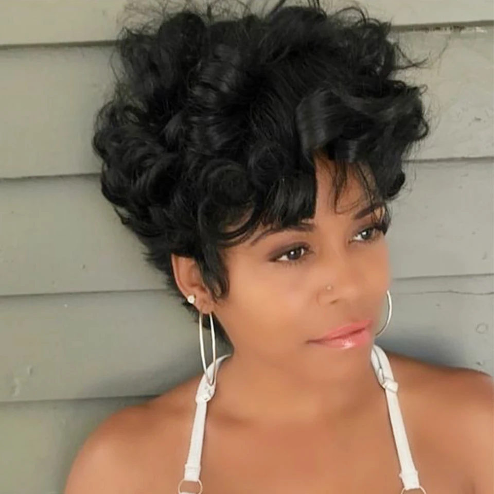 Bouncy Natural Wave Wig Human Hair Short Pixie Cut Wigs For Black Women Cheap Full Machine Made Wig 150% Brazilian Hair