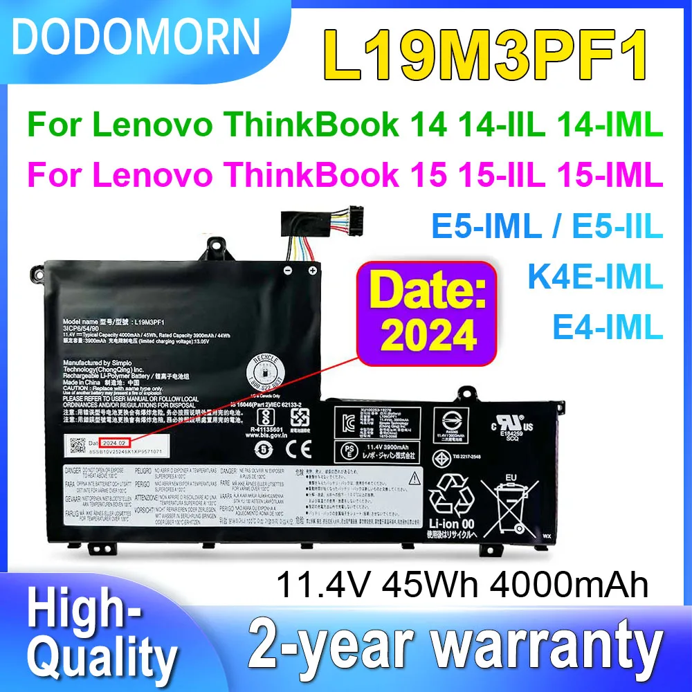 

Аккумулятор DODOMORN L19M3PF1 L19C3PF1 для ноутбука Lenovo ThinkBook 14 14-IIL 14-IML,15 15-IML 15-IIL,K4E E4 E5 L19L3PF1 L19D3PF1