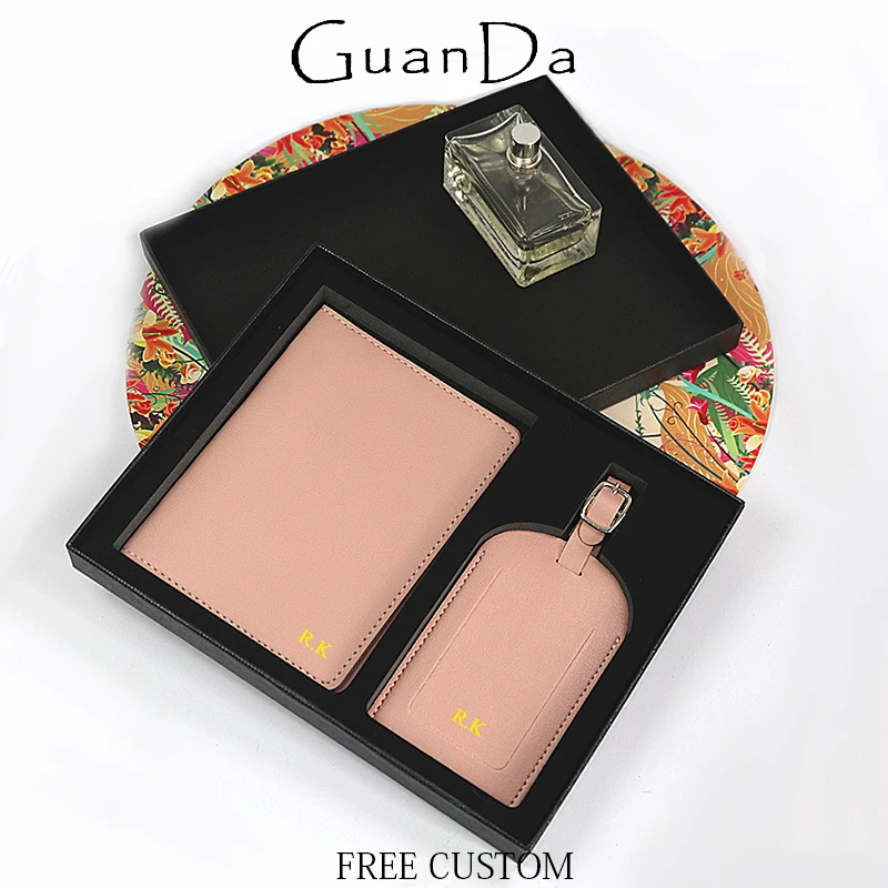 

Luxury Engraving Passport Holder And Luggage Tag Set With Gift Box Custom Name Fashion Leather Travel Passport Wallet Pendant