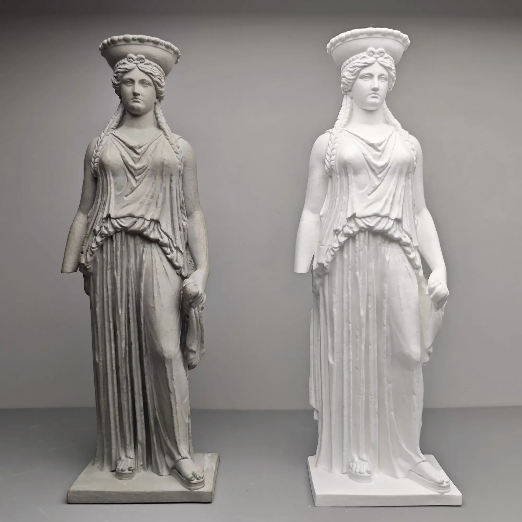Cement of Greek temple caryatids, damaged Roman columns, plants, ancient Greek models, cement