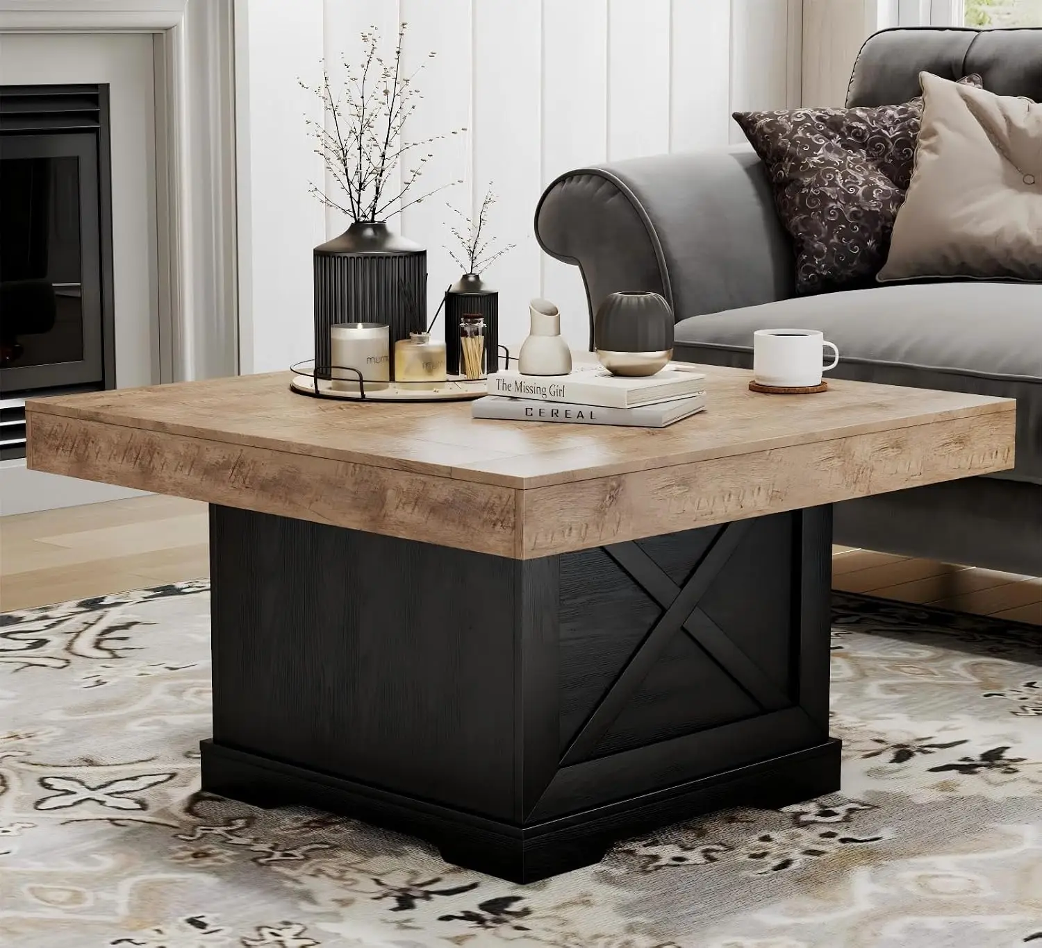 Rustic Square Coffee Table with X-Design for Living Room 31.5 in, Customized
