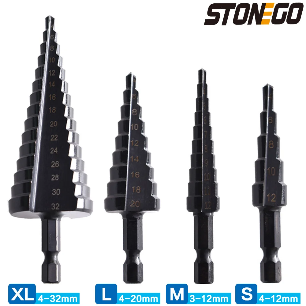 STONEGO 1PC Nitride Coated HSS Straight Hex Shank Step Drill Bit - Cutting on Wood, Plastic, PVC, Iron Plate