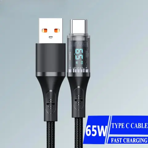 6A 65W PD USB C Cable with LED Digital Display Fast Charging Data Sync Cord High Speed Charging Wire for Samsung Xiaomi Huawei