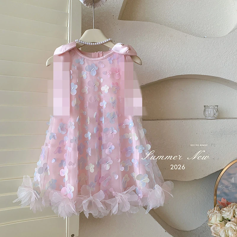 Girls' New Summer Sleeveless Sweet Peach Pink Colorful Three-Dimensional Butterfly Mesh Dress